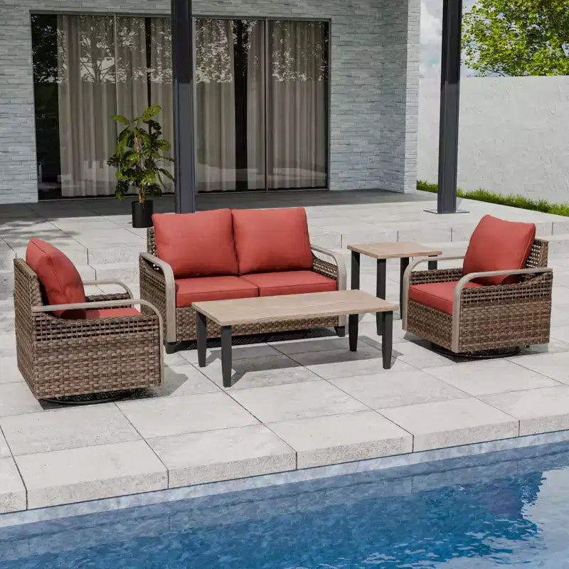 EAGLE PEAK Wicker Outdoor Patio Conversation Set, 2 Swivel Rocking Chairs, 2-Seat Loveseat, Coffee Table and Side Table, 5 Pieces