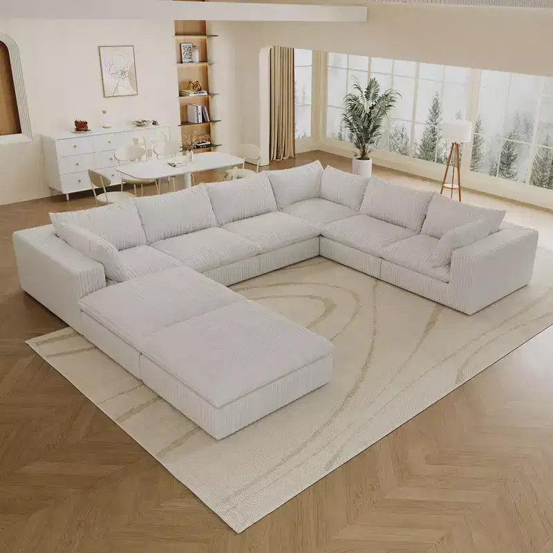 157.6 White Corduroy Fabric DIY Combination U Shape Cloud Sofa Deep Seat Couches with 2 Ottomans Double-layer design Removable Cushion No Assembly