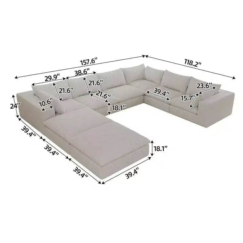 157.6 White Corduroy Fabric DIY Combination U Shape Cloud Sofa Deep Seat Couches with 2 Ottomans Double-layer design Removable Cushion No Assembly
