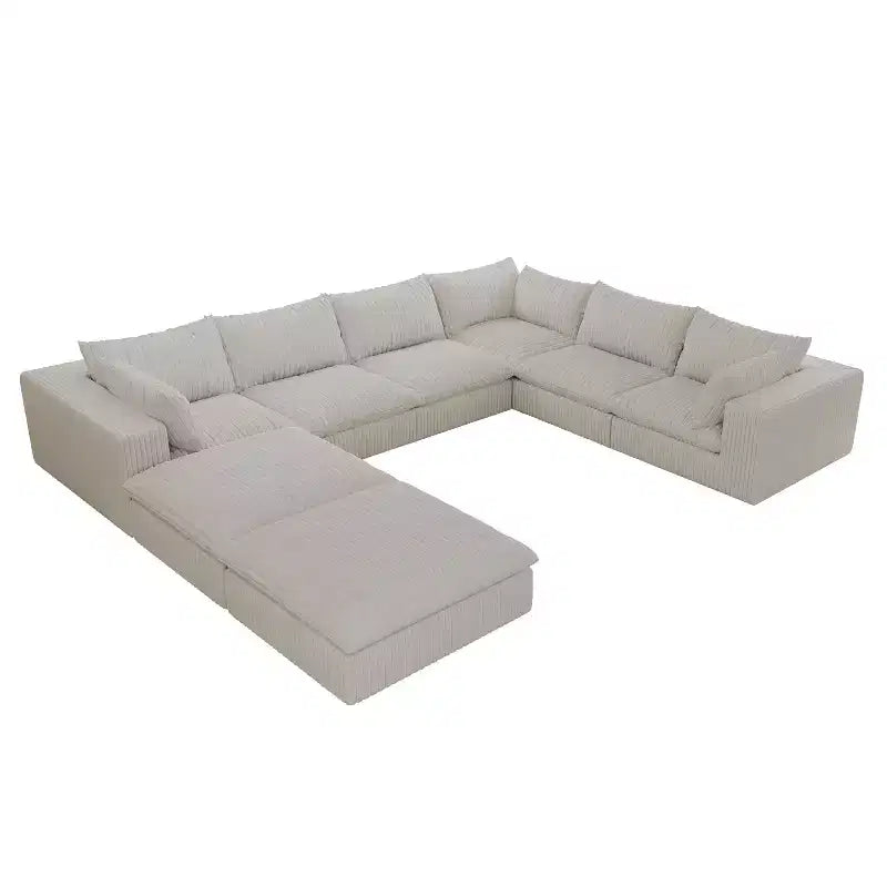 157.6 White Corduroy Fabric DIY Combination U Shape Cloud Sofa Deep Seat Couches with 2 Ottomans Double-layer design Removable Cushion No Assembly