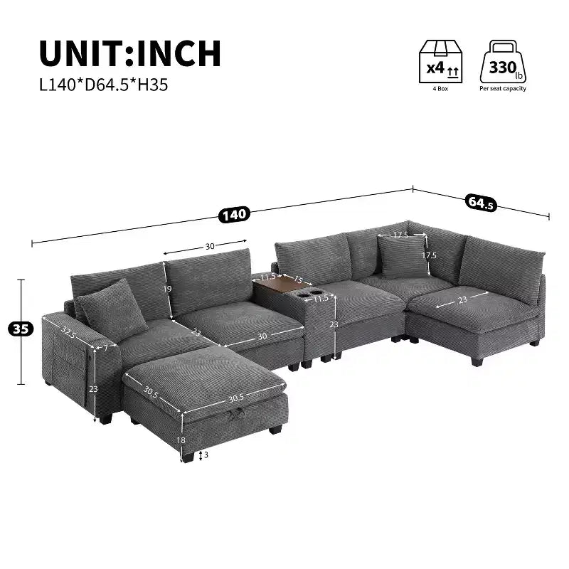 140'' Oversized U-Shaped Modular Sectional Sofa with Ottoman Console USB Charger Cup Holder Storage Corduroy Upholstery 6 Seats for Living Room