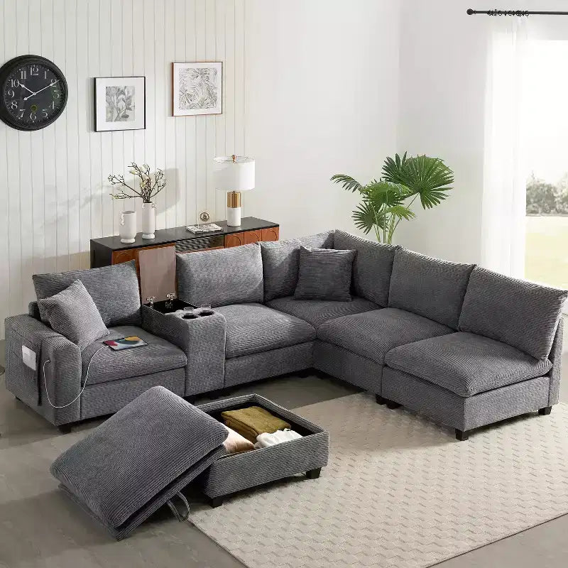 140'' Oversized U-Shaped Modular Sectional Sofa with Ottoman Console USB Charger Cup Holder Storage Corduroy Upholstery 6 Seats for Living Room