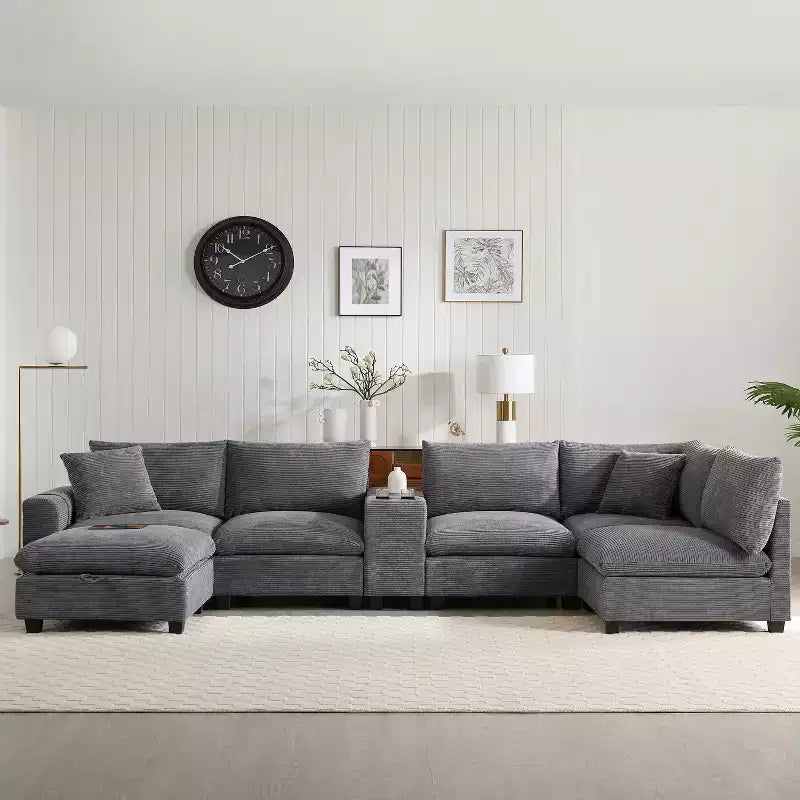 140'' Oversized U-Shaped Modular Sectional Sofa with Ottoman Console USB Charger Cup Holder Storage Corduroy Upholstery 6 Seats for Living Room