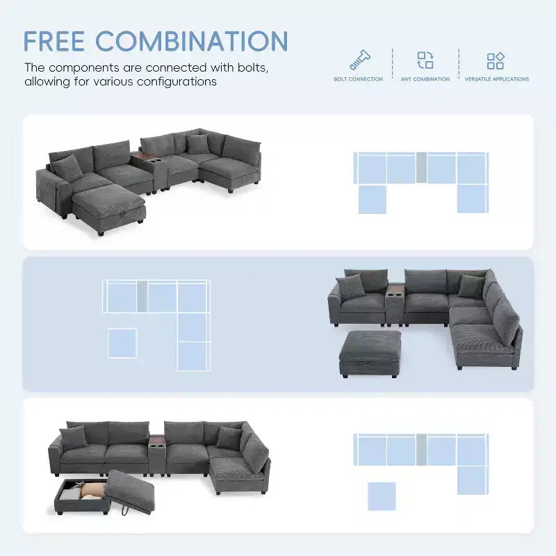 140'' Oversized U-Shaped Modular Sectional Sofa with Ottoman Console USB Charger Cup Holder Storage Corduroy Upholstery 6 Seats for Living Room