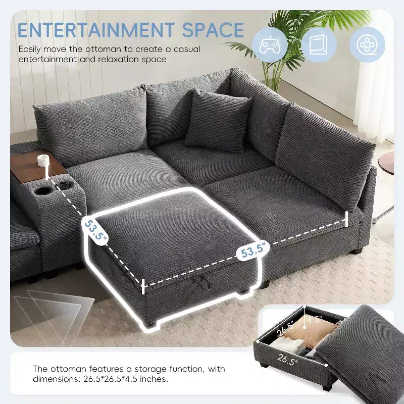 140'' Oversized U-Shaped Modular Sectional Sofa with Ottoman Console USB Charger Cup Holder Storage Corduroy Upholstery 6 Seats for Living Room