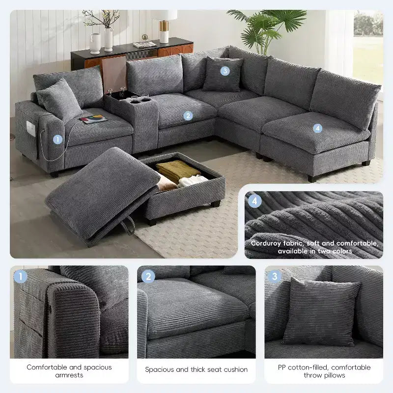 140'' Oversized U-Shaped Modular Sectional Sofa with Ottoman Console USB Charger Cup Holder Storage Corduroy Upholstery 6 Seats for Living Room
