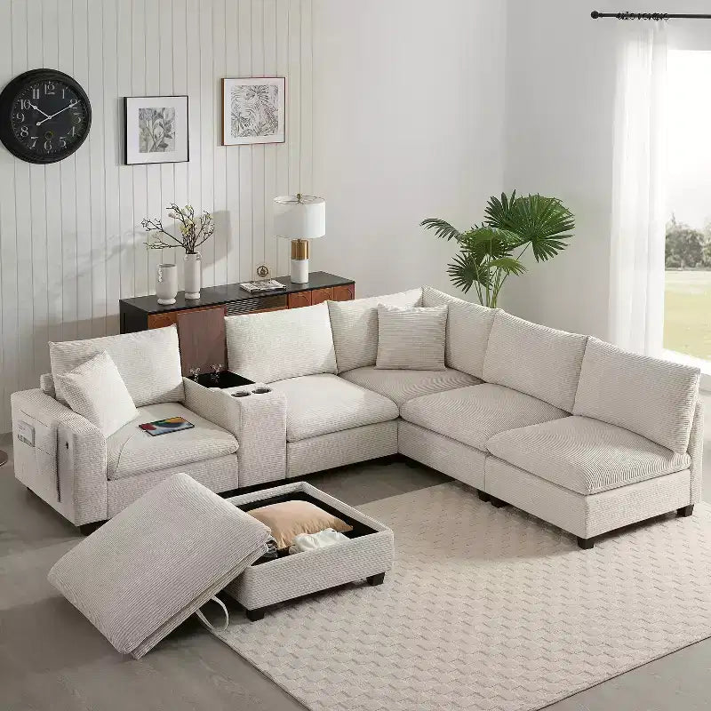 140'' Oversized U-Shaped Modular Sectional Sofa with Ottoman Console USB Charger Cup Holder Storage Corduroy Upholstery 6 Seats for Living Room