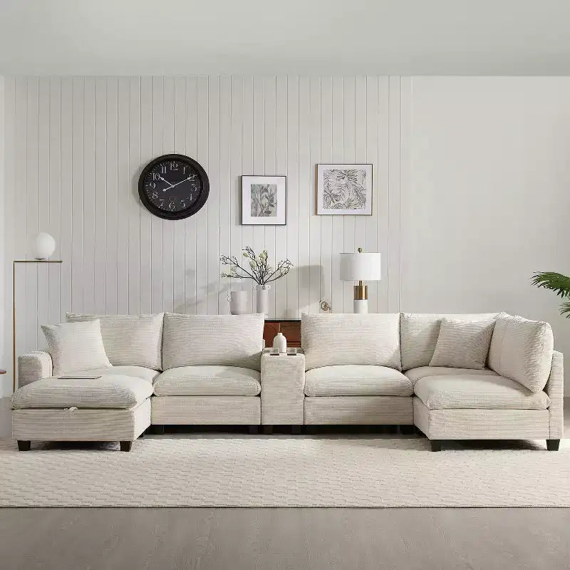 140'' Oversized U-Shaped Modular Sectional Sofa with Ottoman Console USB Charger Cup Holder Storage Corduroy Upholstery 6 Seats for Living Room