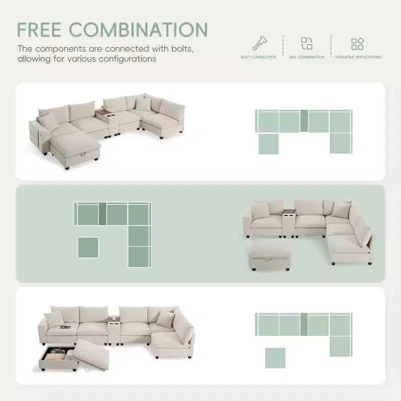 140'' Oversized U-Shaped Modular Sectional Sofa with Ottoman Console USB Charger Cup Holder Storage Corduroy Upholstery 6 Seats for Living Room