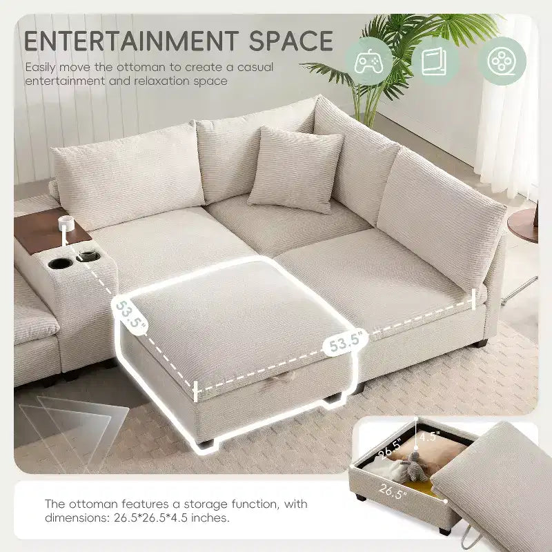 140'' Oversized U-Shaped Modular Sectional Sofa with Ottoman Console USB Charger Cup Holder Storage Corduroy Upholstery 6 Seats for Living Room