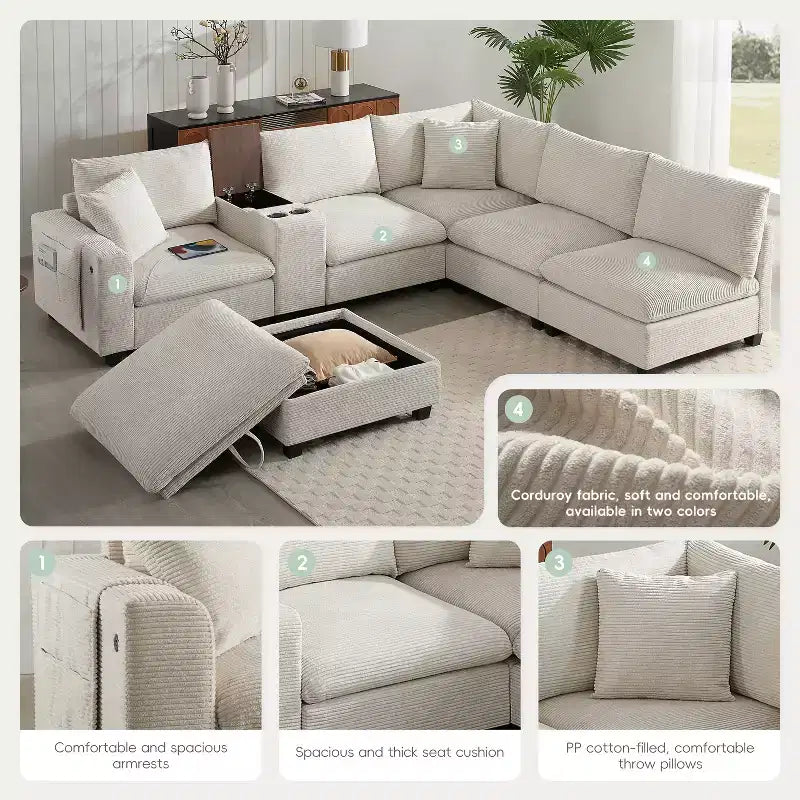 140'' Oversized U-Shaped Modular Sectional Sofa with Ottoman Console USB Charger Cup Holder Storage Corduroy Upholstery 6 Seats for Living Room