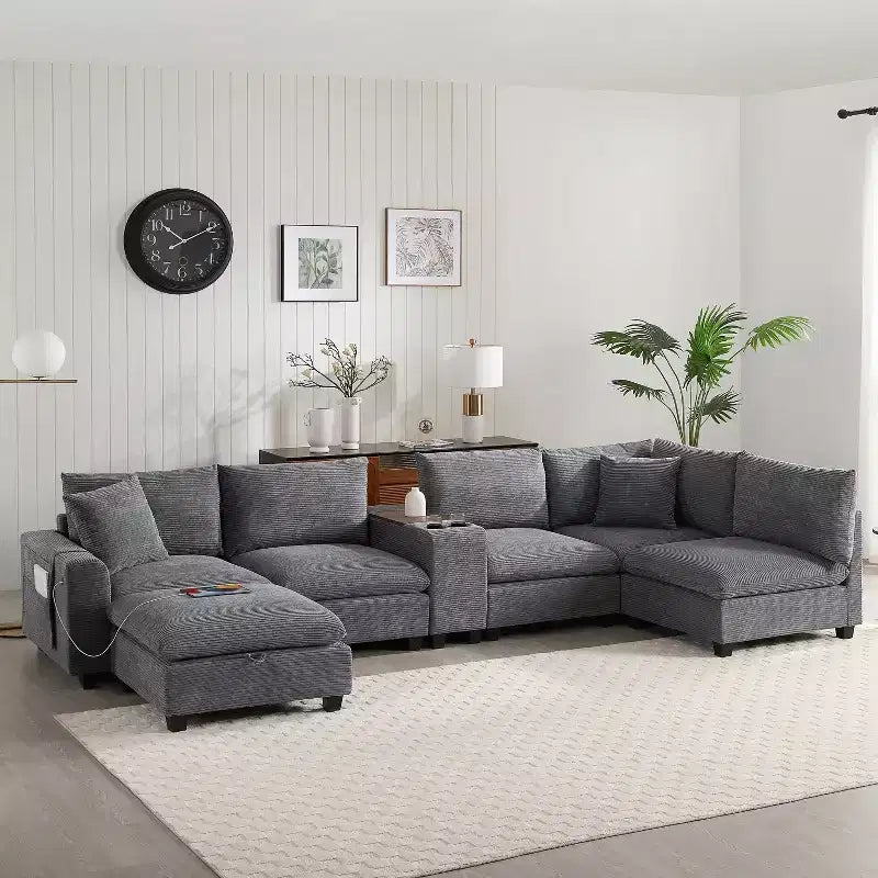 140'' Oversized U-Shaped Modular Sectional Sofa with Ottoman Console USB Charger Cup Holder Storage Corduroy Upholstery 6 Seats for Living Room