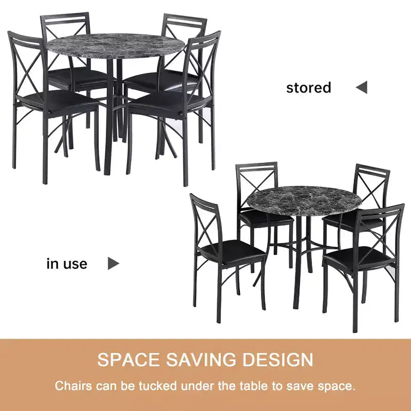 VECELO 5-Piece Dining Table Set for 4, Faux Marble Dinette with 4 Chairs for Kitchen, Small Space, Black/White