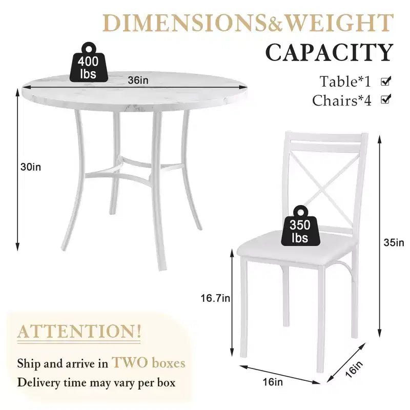 VECELO 5-Piece Dining Table Set for 4, Faux Marble Dinette with 4 Chairs for Kitchen, Small Space, Black/White