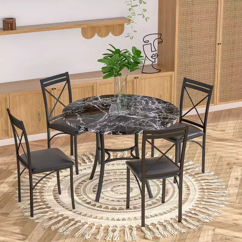 VECELO 5-Piece Dining Table Set for 4, Faux Marble Dinette with 4 Chairs for Kitchen, Small Space, Black/White
