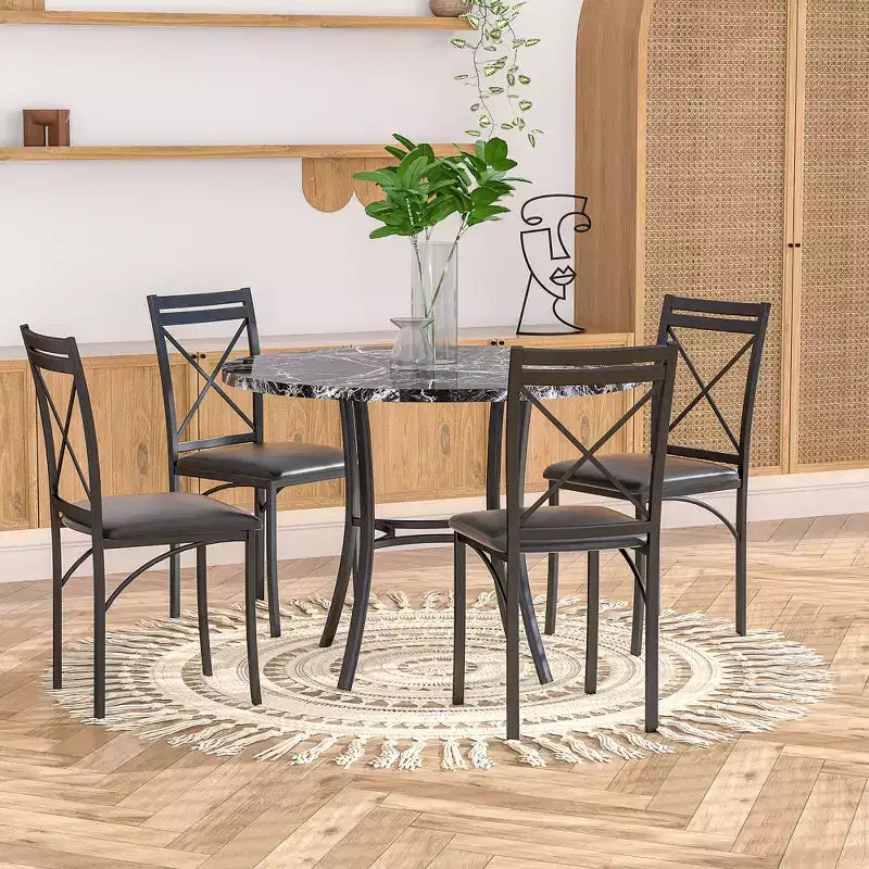 VECELO 5-Piece Dining Table Set for 4, Faux Marble Dinette with 4 Chairs for Kitchen, Small Space, Black/White