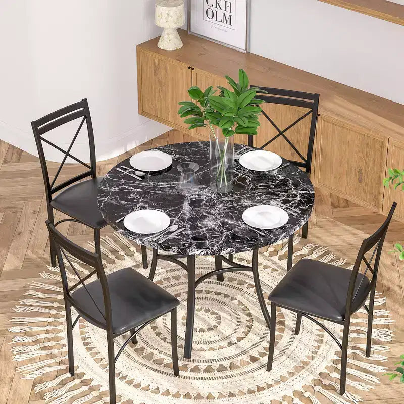 VECELO 5-Piece Dining Table Set for 4, Faux Marble Dinette with 4 Chairs for Kitchen, Small Space, Black/White