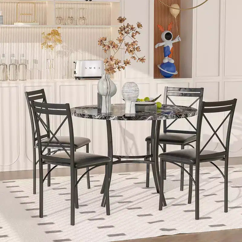 VECELO 5-Piece Dining Table Set for 4, Faux Marble Dinette with 4 Chairs for Kitchen, Small Space, Black/White