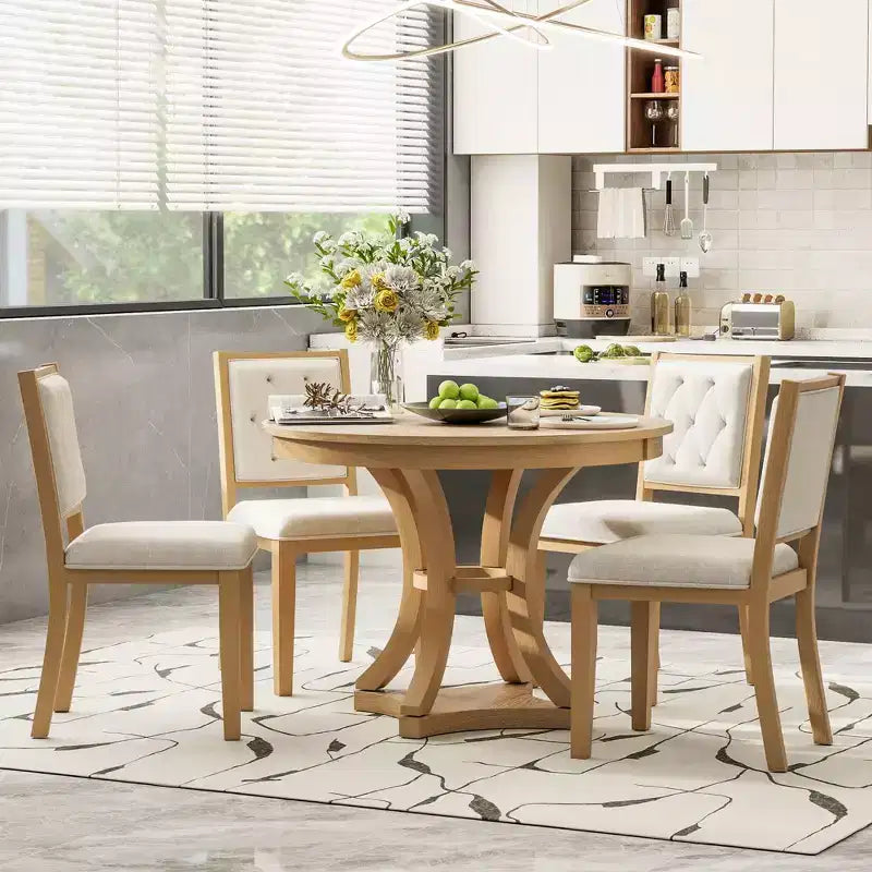 Merax Stylish 5-Piece Retro Dining Set with Extendable Round Table & 4 Upholstered Chairs