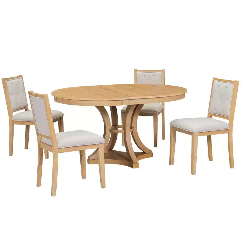 Merax Stylish 5-Piece Retro Dining Set with Extendable Round Table & 4 Upholstered Chairs
