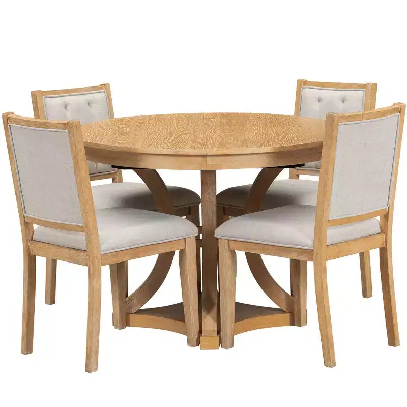 Merax Stylish 5-Piece Retro Dining Set with Extendable Round Table & 4 Upholstered Chairs
