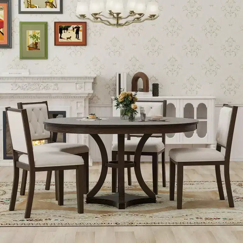 Merax Stylish 5-Piece Retro Dining Set with Extendable Round Table & 4 Upholstered Chairs