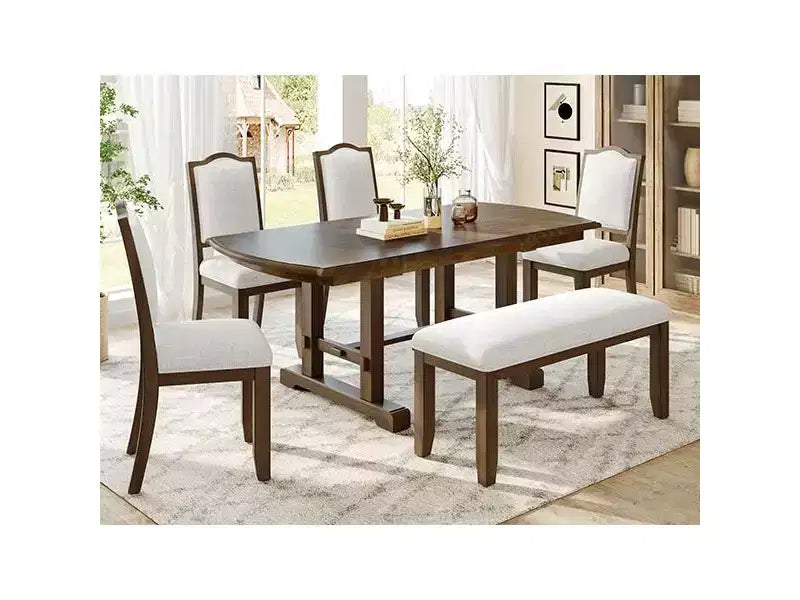 Farmhouse Extendable Dining Table Set for 6, 7 Pieces Wood Expanding Kitchen Table Set with 6 Upholstered Chairs
