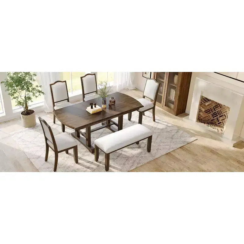 Farmhouse Extendable Dining Table Set for 6, 7 Pieces Wood Expanding Kitchen Table Set with 6 Upholstered Chairs