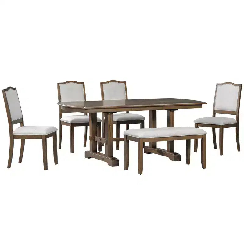 Farmhouse Extendable Dining Table Set for 6, 7 Pieces Wood Expanding Kitchen Table Set with 6 Upholstered Chairs