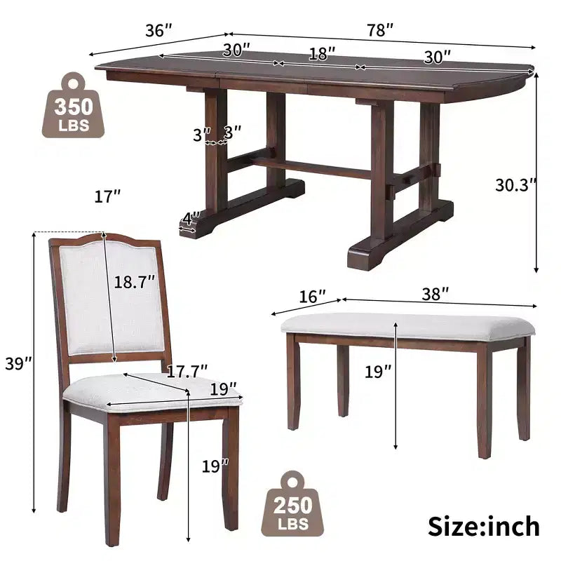 Farmhouse Extendable Dining Table Set for 6, 7 Pieces Wood Expanding Kitchen Table Set with 6 Upholstered Chairs