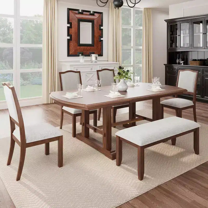 Farmhouse Extendable Dining Table Set for 6, 7 Pieces Wood Expanding Kitchen Table Set with 6 Upholstered Chairs
