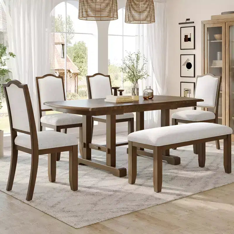 Farmhouse Extendable Dining Table Set for 6, 7 Pieces Wood Expanding Kitchen Table Set with 6 Upholstered Chairs