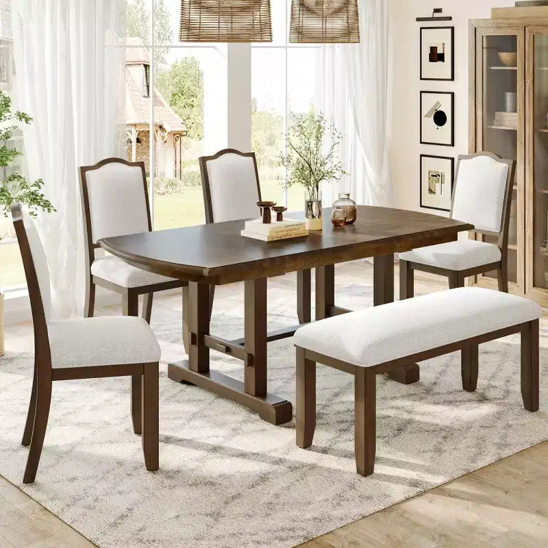 Farmhouse Extendable Dining Table Set for 6, 7 Pieces Wood Expanding Kitchen Table Set with 6 Upholstered Chairs