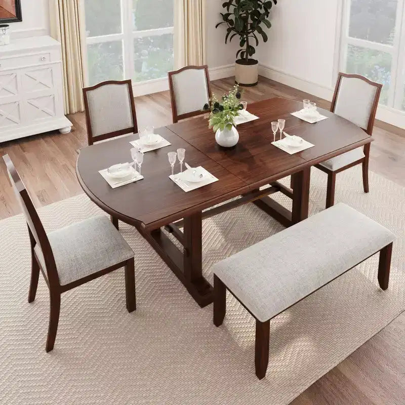 Farmhouse Extendable Dining Table Set for 6, 7 Pieces Wood Expanding Kitchen Table Set with 6 Upholstered Chairs