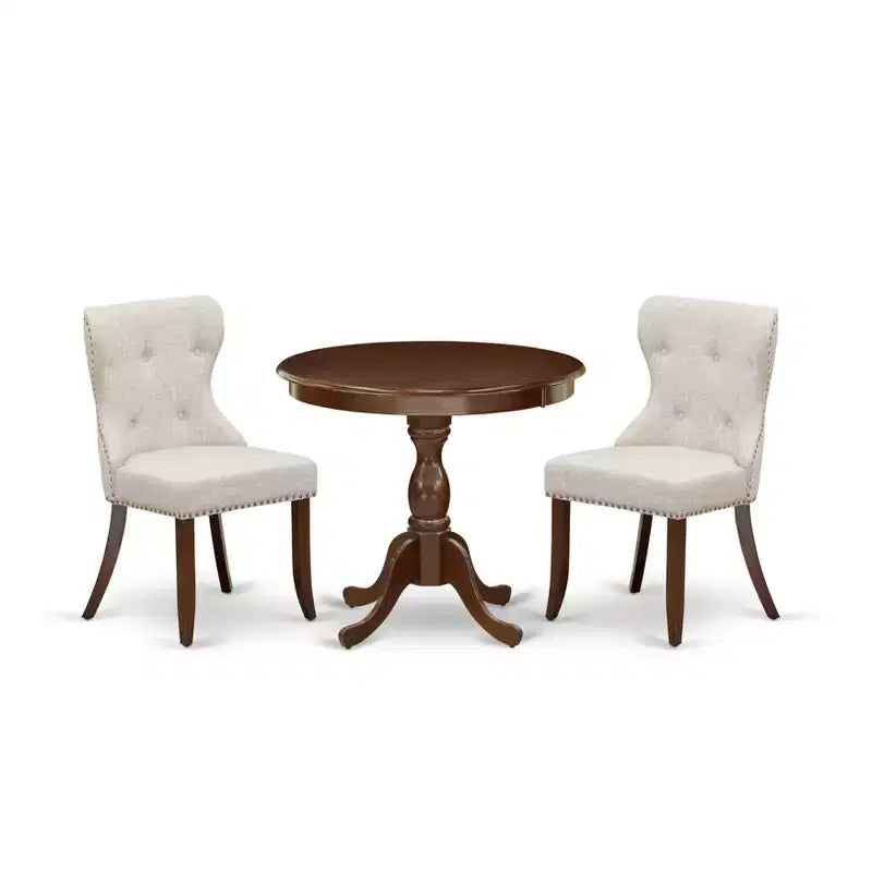 HomeStock Belmont 3 Piece Dining Table Set 1 Kitchen Table and 2 Doeskin Linen Fabric Kitchen Chair Button Tufted Back , Nail Heads - Mahogany Finish