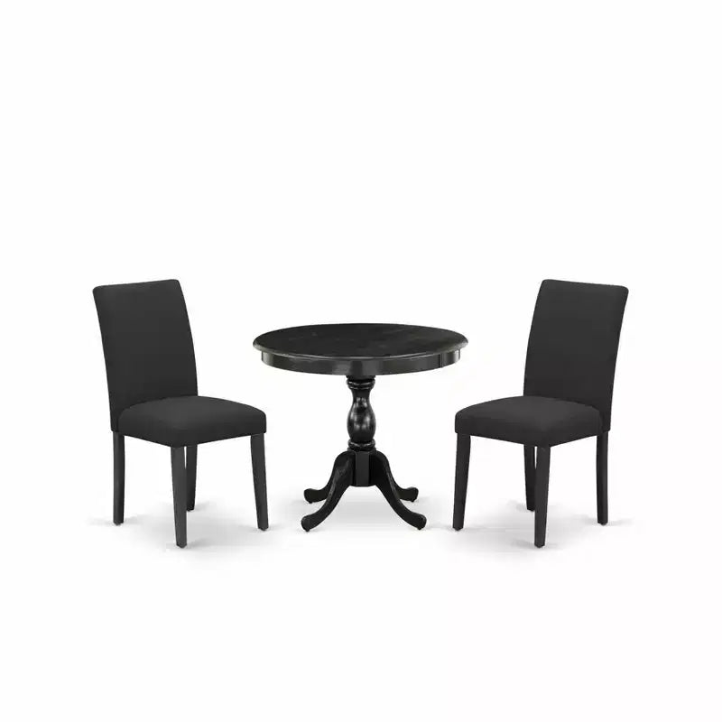 HomeStock Belmont 3 Piece Dinette Sets Contains 1 Wooden Dining Table and 2 Black Linen Fabric Dinning Chairs , High Back ? Wire Brushed Black Finish