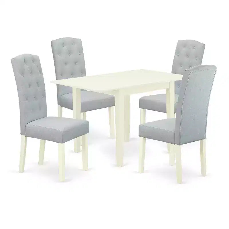 HomeStock Belmont Dining Set 5 Pc - 4 Chairs For Dining Room and a wood dining table - Linen White Finish Solid wood - Baby Blue Color Linen Fabric