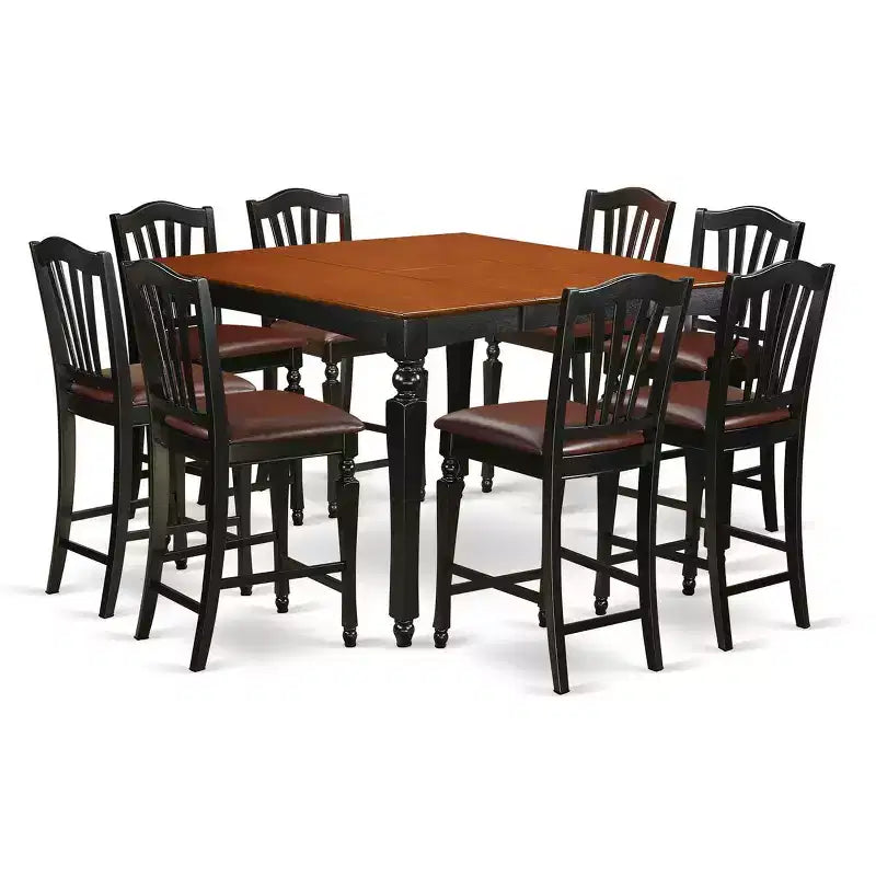 HomeStock Belmont Counter Dining Table Set with Self - Storing Leaf and 8 Parson Chairs, Black Finish