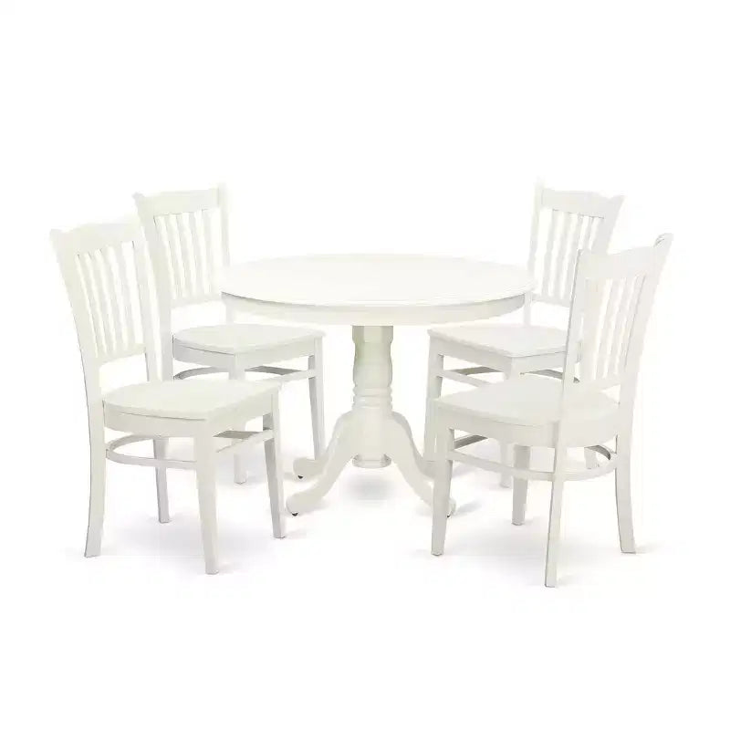 HomeStock Belmont 5 Piece Dining Room Furniture Set Includes a Round Dining Table with Pedestal and 4 Wood Seat Chairs, 42x42 Inch, Linen White