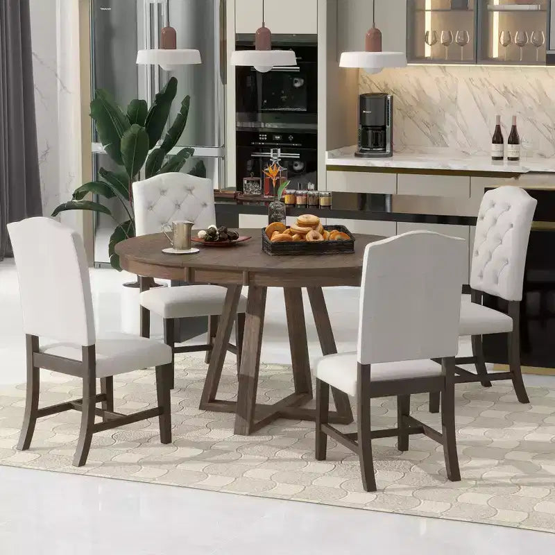 5 Pieces Extendable Dining Set for 4, Round Table with Leaf and 4 Upholstered Chairs