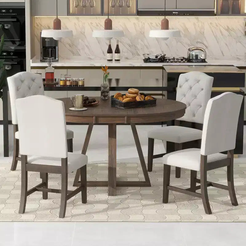 5 Pieces Extendable Dining Set for 4, Round Table with Leaf and 4 Upholstered Chairs