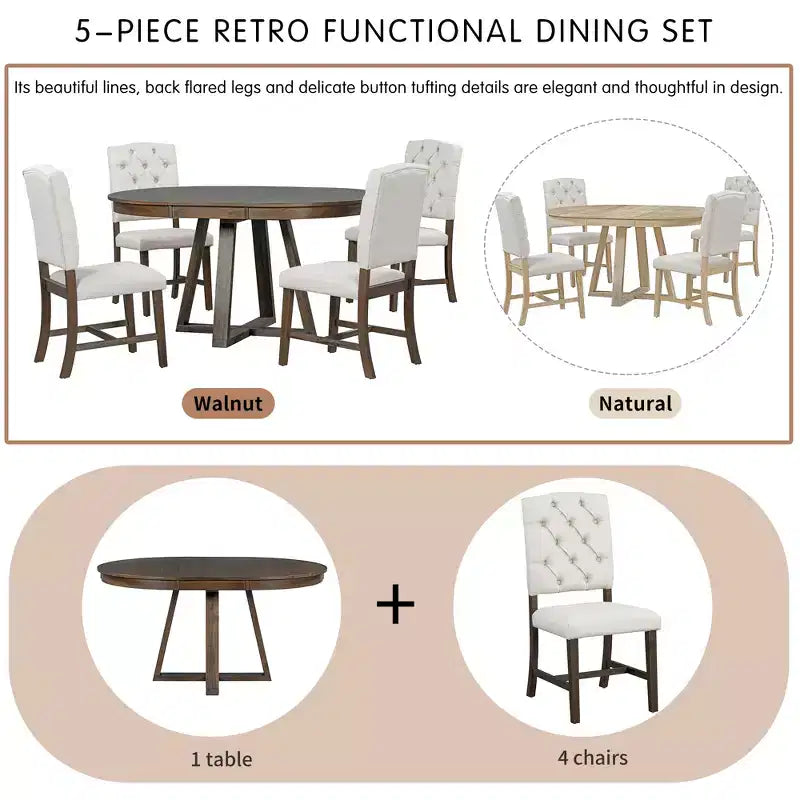 5 Pieces Extendable Dining Set for 4, Round Table with Leaf and 4 Upholstered Chairs