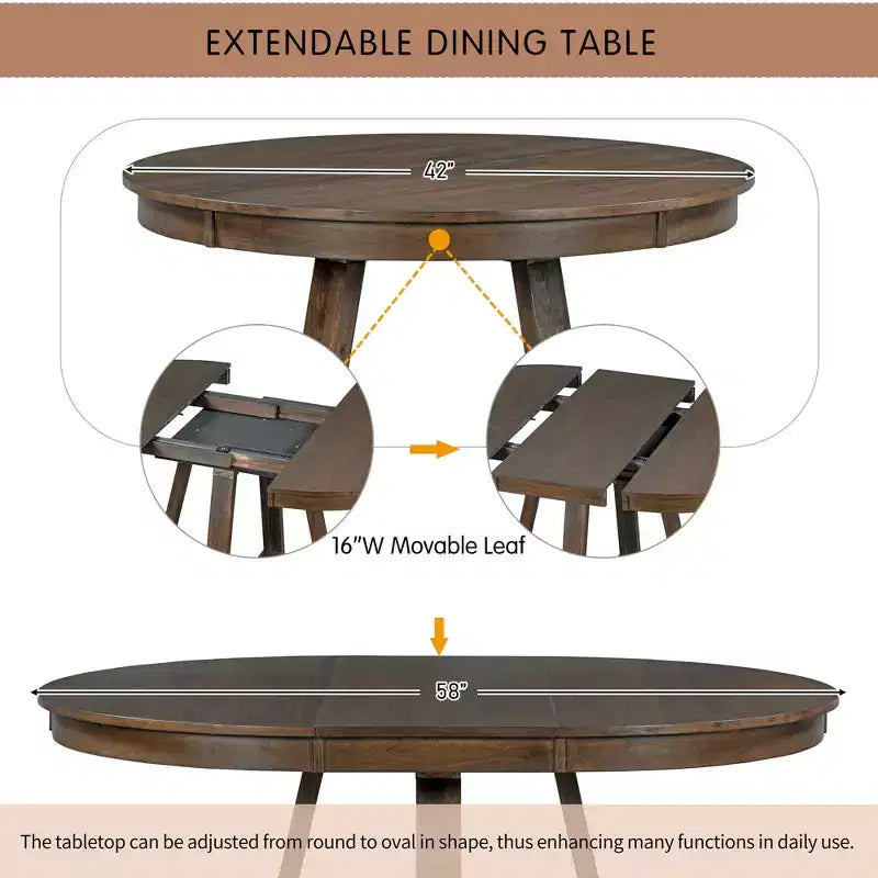 5 Pieces Extendable Dining Set for 4, Round Table with Leaf and 4 Upholstered Chairs