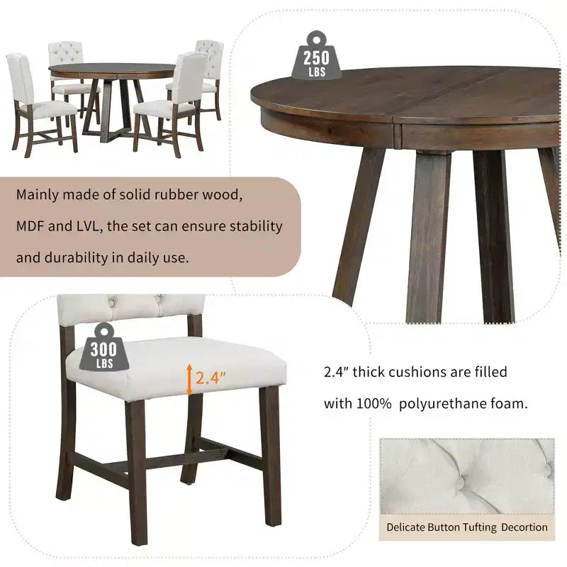 5 Pieces Extendable Dining Set for 4, Round Table with Leaf and 4 Upholstered Chairs