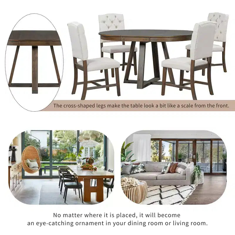 5 Pieces Extendable Dining Set for 4, Round Table with Leaf and 4 Upholstered Chairs
