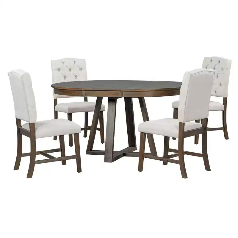 5 Pieces Extendable Dining Set for 4, Round Table with Leaf and 4 Upholstered Chairs