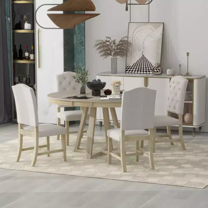 5 Pieces Extendable Dining Set for 4, Round Table with Leaf and 4 Upholstered Chairs
