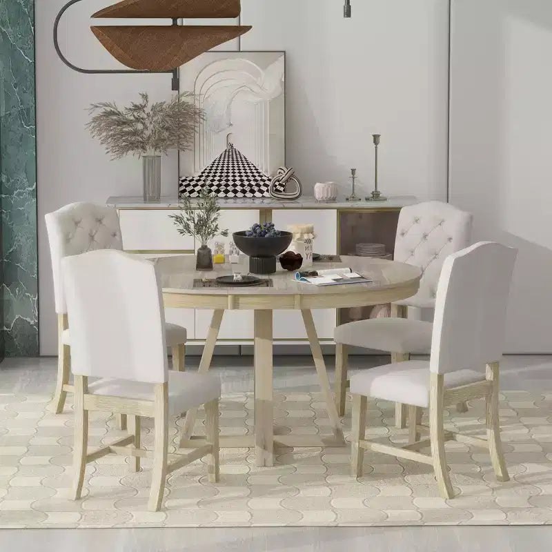 5 Pieces Extendable Dining Set for 4, Round Table with Leaf and 4 Upholstered Chairs