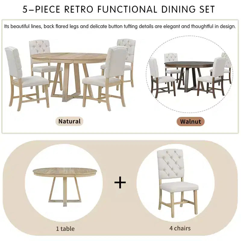 5 Pieces Extendable Dining Set for 4, Round Table with Leaf and 4 Upholstered Chairs