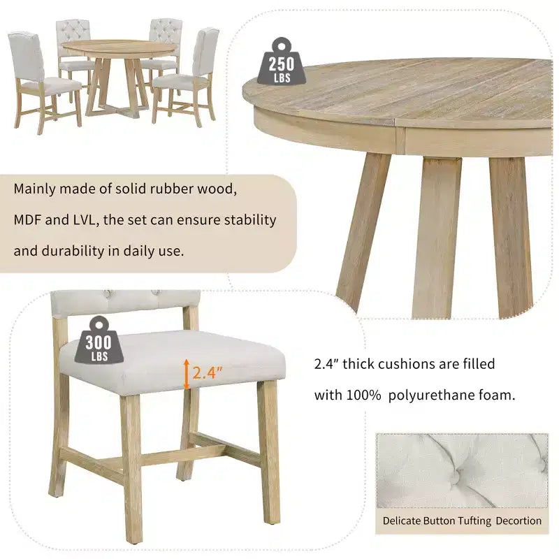 5 Pieces Extendable Dining Set for 4, Round Table with Leaf and 4 Upholstered Chairs